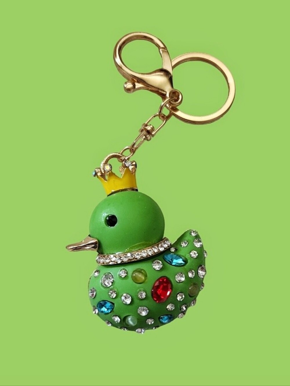 Green Jeweled Duck Keychain With Gold Hardware